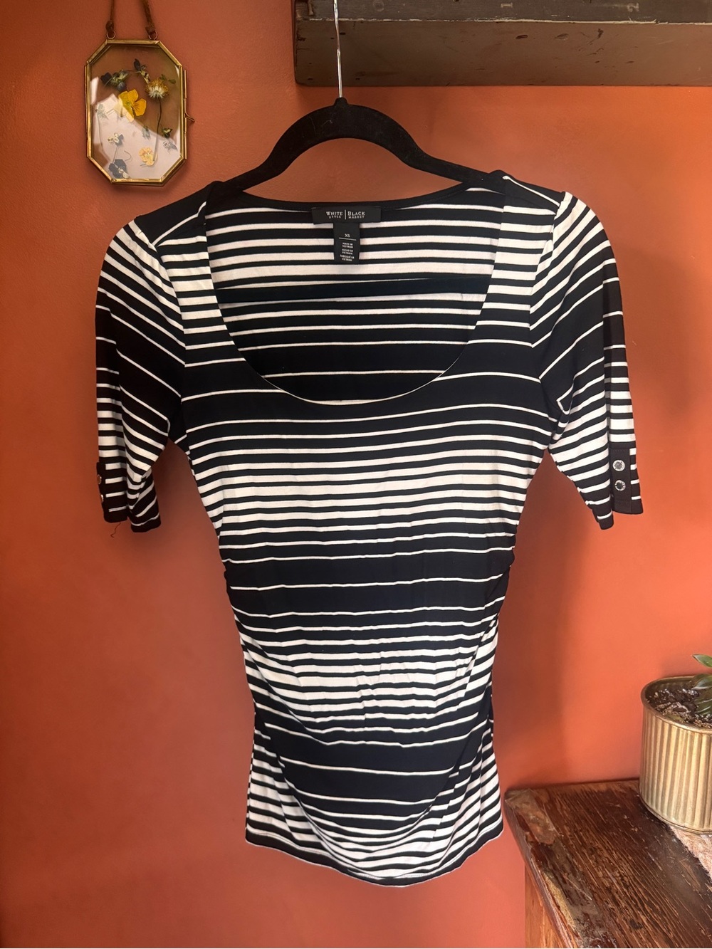 White House Black Market Black and White Striped Scoop Neck Tee